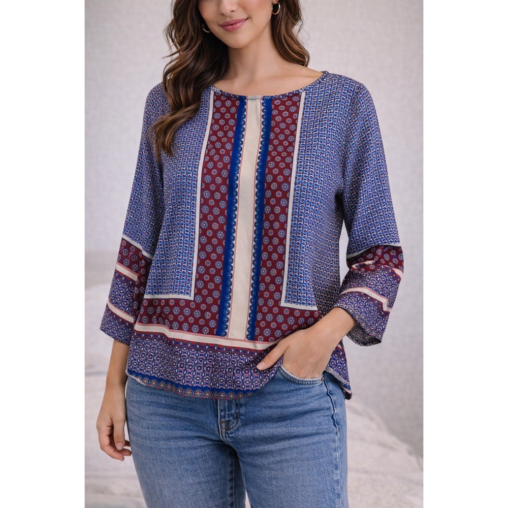 Talbots Womens‎ MP Medium Petite Blue Red Geometric Medallion 3/4 Sleeve Blouse